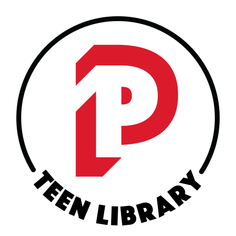 Circular logo in black white and red that reads "Teen Library" with a large P in the center.