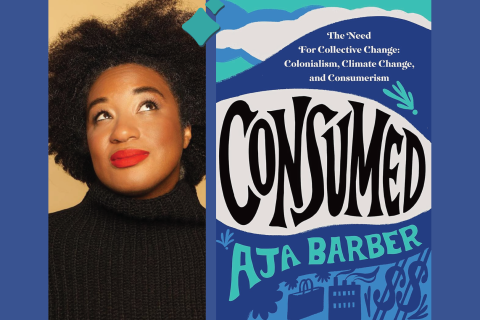 Aja Barber looks at her book "Consumed"