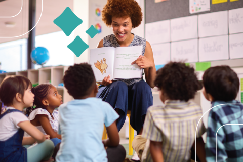 an adult reads a picture book to kids