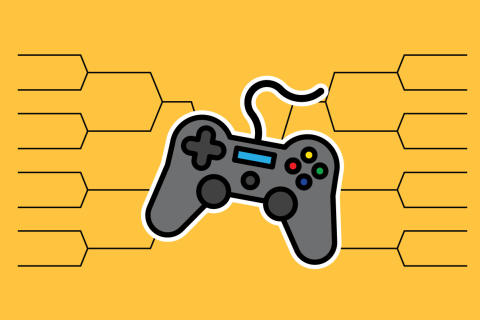 a video game controller in front of a blank tournament bracket