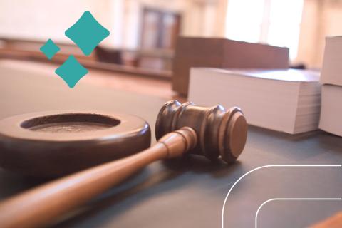 Photograph of a gavel on a desk with stack of papers in the background overlayed with PPL teal diamonds and white corner path graphics