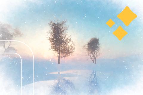 illustration of a winter scene with tree sihouettes through the snow at twilight