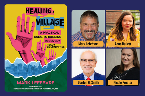 Cover artwork of the book "Healing A Village" with photographs of the author Mark Lefebvre as well as panelists Anna Bullett, Gordon H. Smith, and Nicole Proctor