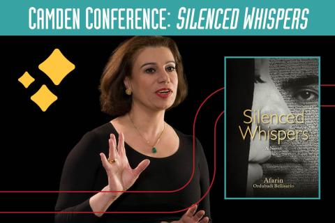 Image of Author Afarin Bellasario next to an image of the cover of her new book 'Silenced Whispoers"