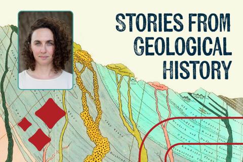 Photo of Authot Laura Poppick with an Illustration of geological strata - (this artwork is the cover of the book)