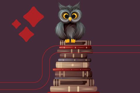 illustration of a stack of book with a cute owl sitting on top of the book stack