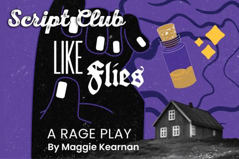 Illustration with a large hand in the foreground pinching fingers together on a purple background. In the background is a house on a field. In the foreground is a medicine bottle.