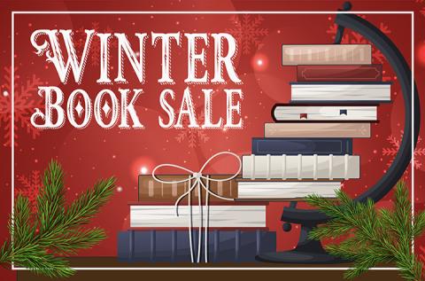 Illustration of books with a festive winter background