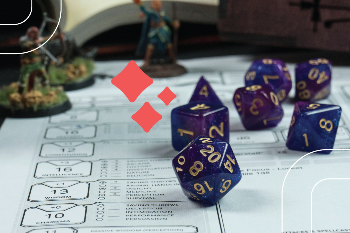 multi-sided dice sit atop a character sheet for a role playing game