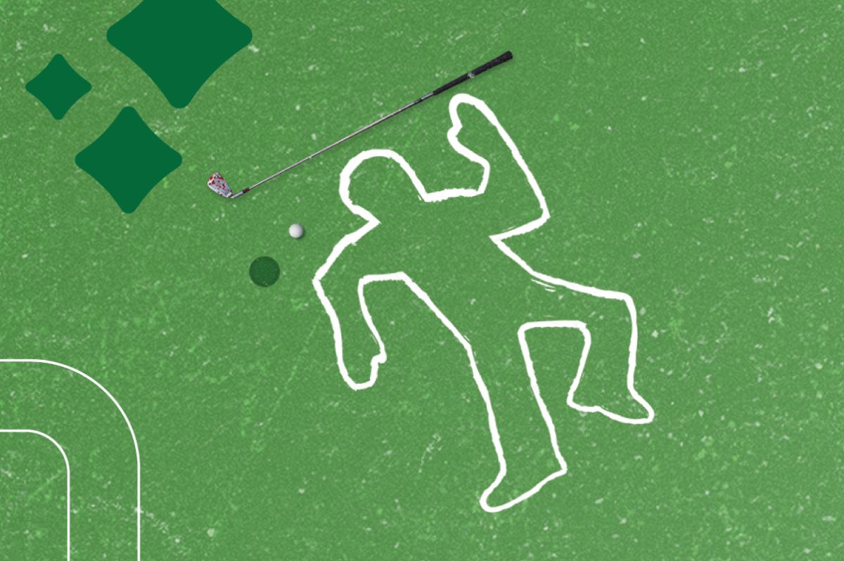 a chalk outline of a body next to a bloody golf club and golf ball on a green