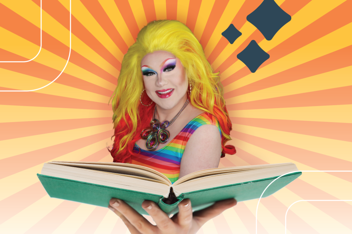 Drag Queen Ophelia emerges from an open book held aloft by a hand